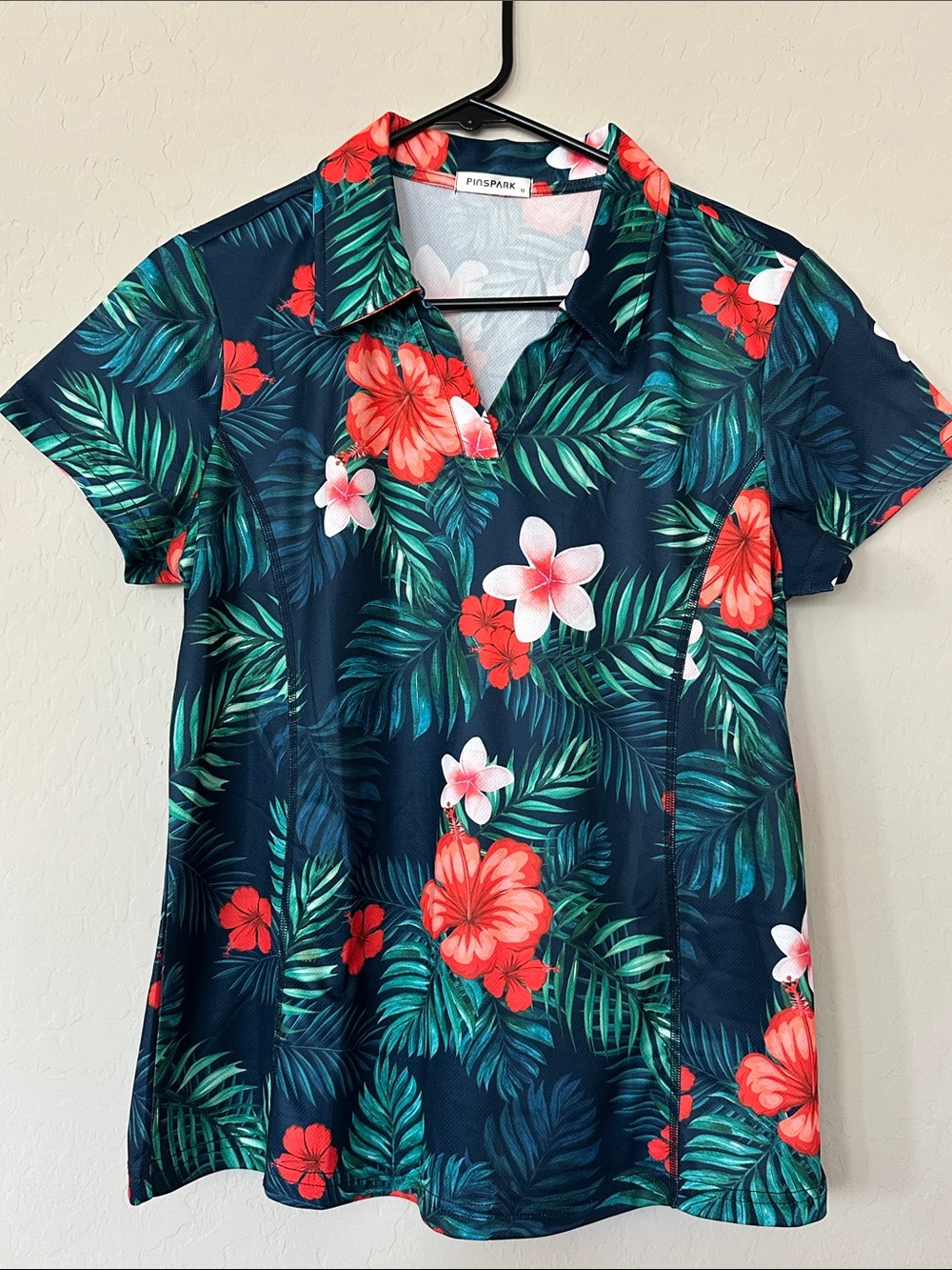 Pinspark Tropical Floral Polo - Navy with Red & Green size M